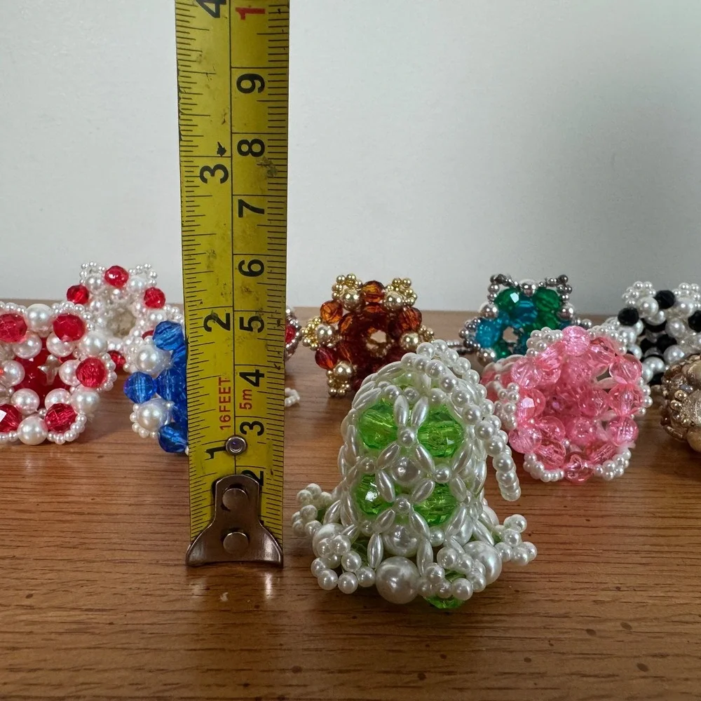 Vintage Lot of 10 Handmade Beaded Bell Christmas Ornaments Faux Pearl‎ MCM Retro